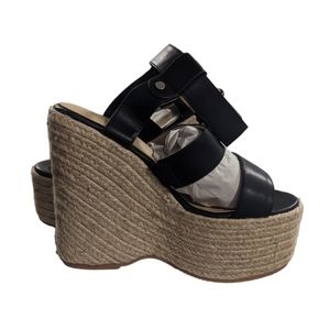 NEW RETRO Black Vegan Leather Wedge Heel Sandal